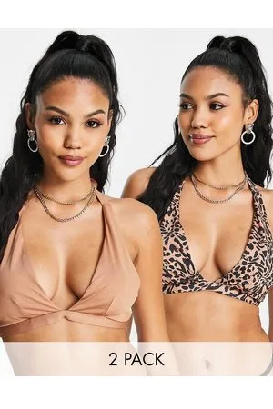 ASOS Coppe Grandi - Confezione da 2 top bikini con scollo profondo allacciati al collo marrone e con stampa animalier