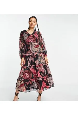 River Island Vestito midi a balze con volant e stampa cachemire