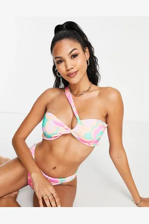 ASOS Coppe Grandi - Top bikini monospalla attorcigliato con stampa caleidoscopica