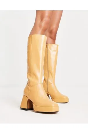 Topshop Holly - Stivali al ginocchio in pelle premium con plateau color cammello