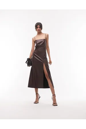 Topshop Vestito midi in similpelle PU color cioccolato con fascette