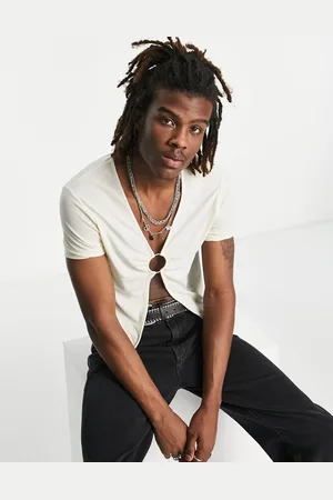 ASOS T-shirt corta skinny aperta color écru con dettaglio metallico