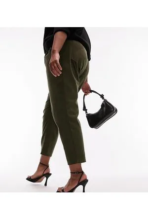 Topshop Curve - Pantaloni kaki in tessuto a coste con pinces