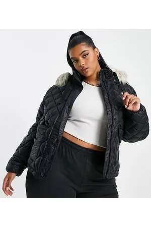 River Island Giacca imbottita nera con cappuccio in pelliccia sintetica