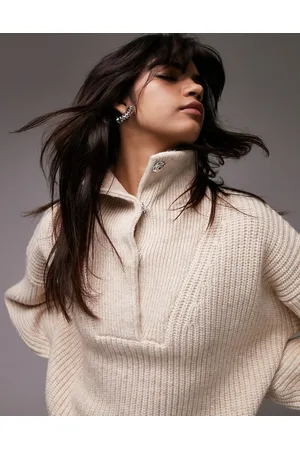 Topshop Maglione color avena con colletto con bottoni a pressione