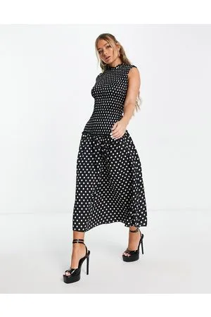Little Mistress Vestito con gonna al polpaccio arricciato a maniche corte nero e bianco