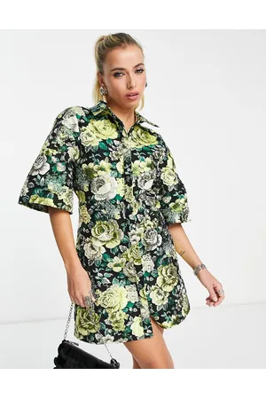 ASOS Vestito camicia corto con maniche a kimono in jacquard metallizzato con stampa a fiori grandi