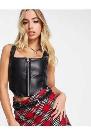 Bershka Top a corsetto in pelle a coste con zip