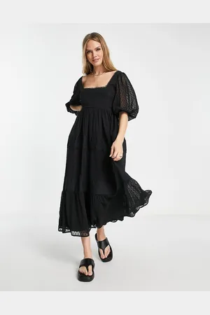 ASOS Vestito grembiule midi ricamato con scollo quadrato e laccetti sul retro