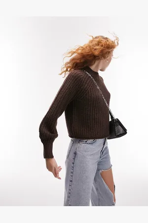 Topshop Maglione lavorato color cioccolato con fondo risvoltato