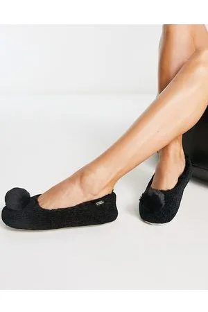 Totes Pantofole stile ballerine nere con pompon in pelliccia sintetica
