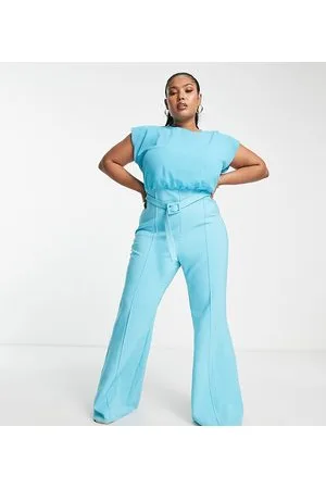 ASOS ASOS DESIGN Curve - Tuta jumpsuit in chiffon con top e pantaloni a zampa turchese con cintura