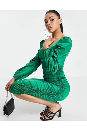 Ax Paris Vestito midi con maniche a sbuffo in raso smeraldo