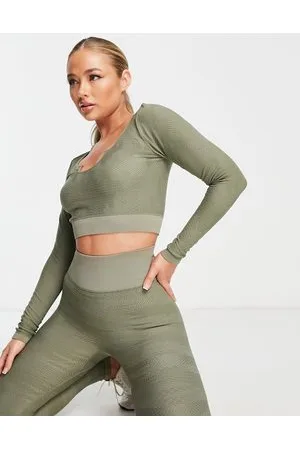 HIIT Crop top kaki mimetico testurizzato senza cuciture con intaglio sul collo