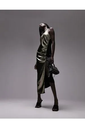 Topshop Vestito midi color metallizzato allacciato al collo con arricciatura laterale