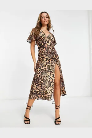 ASOS Vestito lungo con maniche a campana, cut-out e stampa animalier