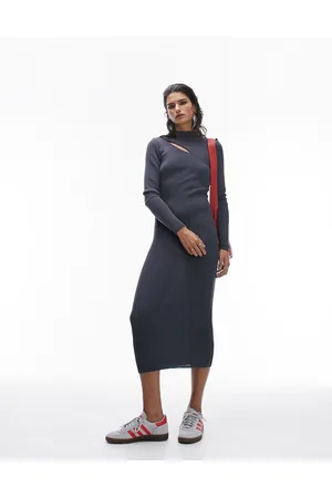 Topshop Vestito a maniche lunghe in maglia color ardesia con cut-out sul davanti