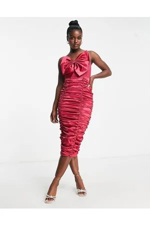 Band of Stars Vestito midi premium arricciato in raso color bacca con nodo sul davanti e fascette con strass