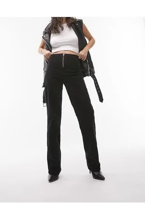 Topshop Pantaloni a zampa slim in velluto neri a costine con zip