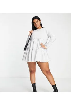 River Island Vestito grembiule corto grigio mélange a balze