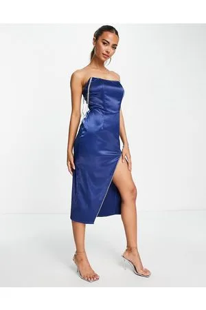 Band of Stars Vestito midi premium in raso con finiture in strass e spacco sulla coscia