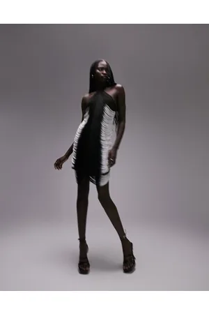 Topshop Vestito corto allacciato al collo con frange sfumate monocromatico