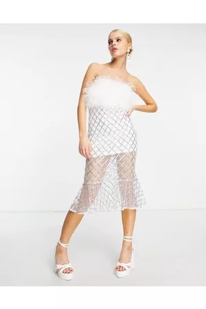 Amy Lynn Vestito midi con gonna effetto catenina argento e scollo alla Bardot in pelliccia sintetica