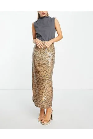 ASOS Vestito midi senza maniche 2 in 1 con paillettes e motivo leopardato antracite