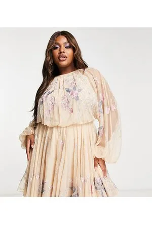ASOS Curve - Vestito corto pallido con maniche a campana in rete con motivo floreale ricamato