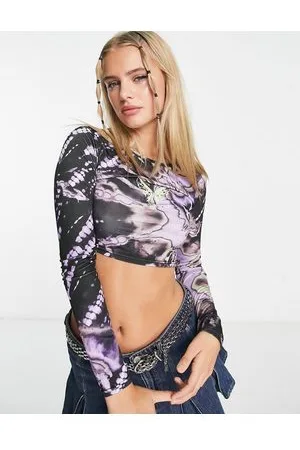 Daisy Street Crop top a maniche lunghe grunge effetto tie-dye con stampa di farfalle