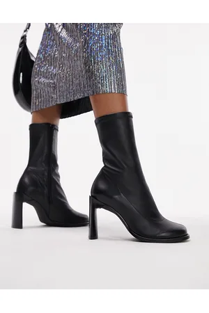 Topshop Bowie - Stivaletti premium in pelle nera con tacco e punta arrotondata