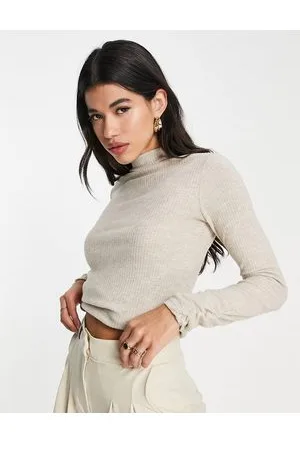 River Island Top accollato a maniche lunghe beige a coste spazzolato