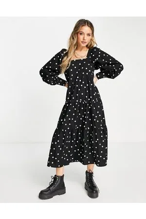 Influence Vestito midi a balze in popeline di cotone con scollo squadrato a pois