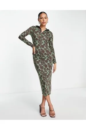 Whistles Vestito polo midi a coste color kaki a fiori