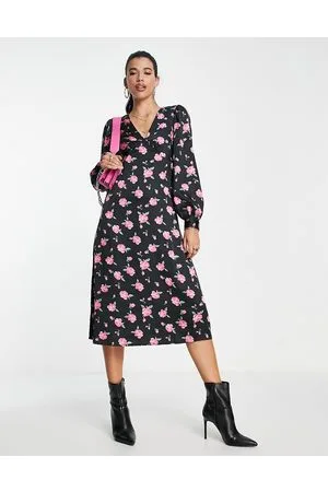 VILA Vestito midi con scollo a V rosa acceso a fiori
