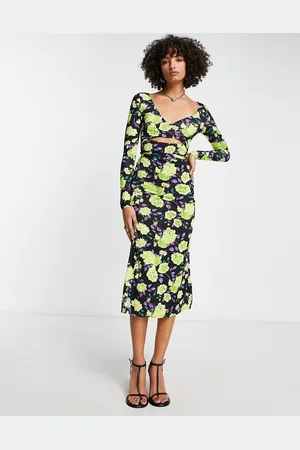 ASOS Vestito midi avvolgente a maniche lunghe con stampa floreale color lime