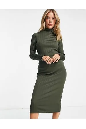 River Island Vestito midi accollato a coste kaki