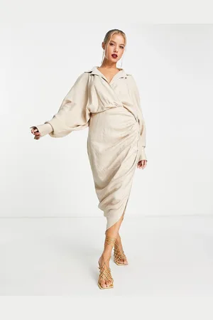 ASOS Vestito camicia midi drappeggiato e testurizzato con allacciatura color pietra