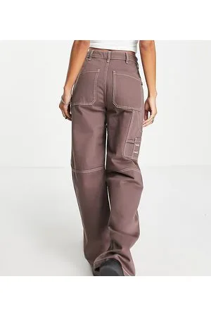 COLLUSION X014 - Jeans cargo larghi dad fit a pannelli color moka con cuciture a contrasto