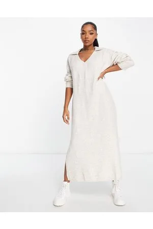 Bershka Vestito midi in maglia color sabbia con colletto