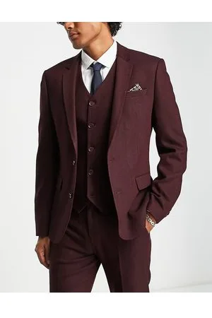 ASOS Wedding - Giacca da abito skinny in misto lana a spina di pesce bordeaux