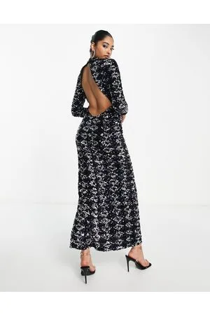 ASOS Vestito lungo accollato aperto dietro blu mezzanotte con paillettes