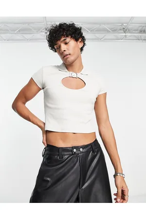 ASOS Polo corta attillata beige con cut-out e fibbie
