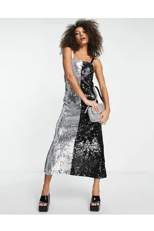 Extro & Vert Vestito lungo con spalline sottili in paillettes argento e a contrasto