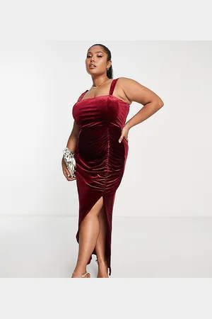 ASOS ASOS DESIGN Curve - Vestito midi con gonna arricciata in velluto vino con spalline sottili