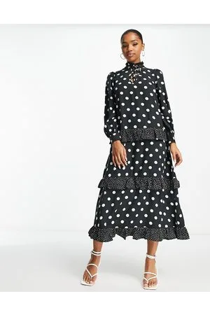 New Look Vestito a balze midi a maniche lunghe a pois