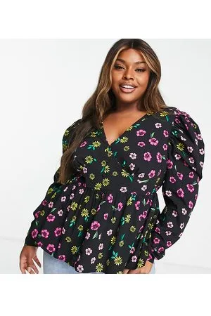 Simply Be Blusa con peplo nera a fiori con bottoni