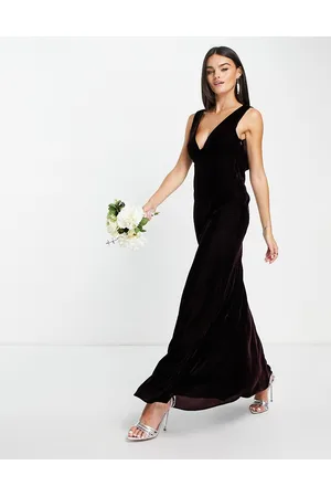 ASOS Donna Vestiti lunghi - Vestito lungo in velluto color vino con scollo drappeggiato sul retro e corpino arricciato
