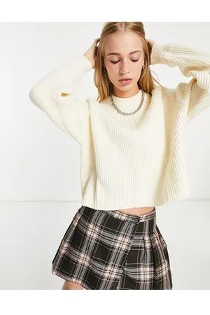 Bershka Maglione lavorato crema con scollo rotondo