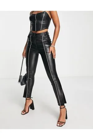 Miss Selfridge Pantaloni skinny in pelle sintetica neri con finiture con strass